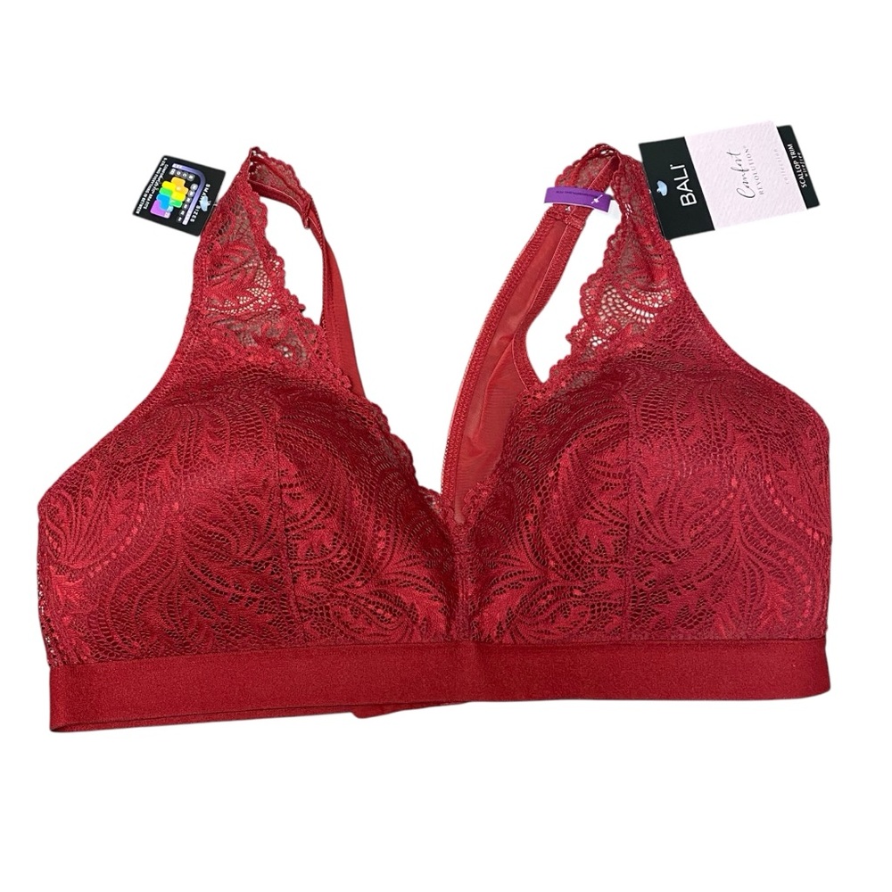 Bali Comfort Revolution Collection Women's Red Lace Bra, Scallop‎ Trim Wirefree
